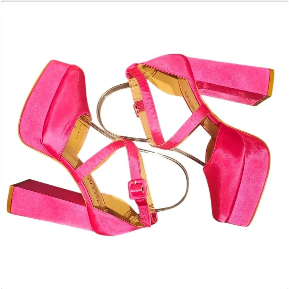 Bright Fuchsia Satin Platform High Heel Ankle Strap Pumps